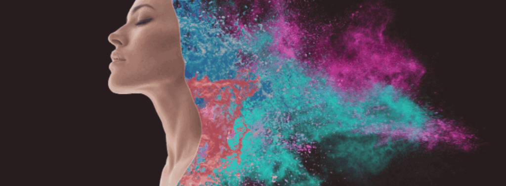 Visage de femme de profil fusionnant avec une explosion de couleurs, symbolisant l’éveil, la conscience ou la transformation intérieure.