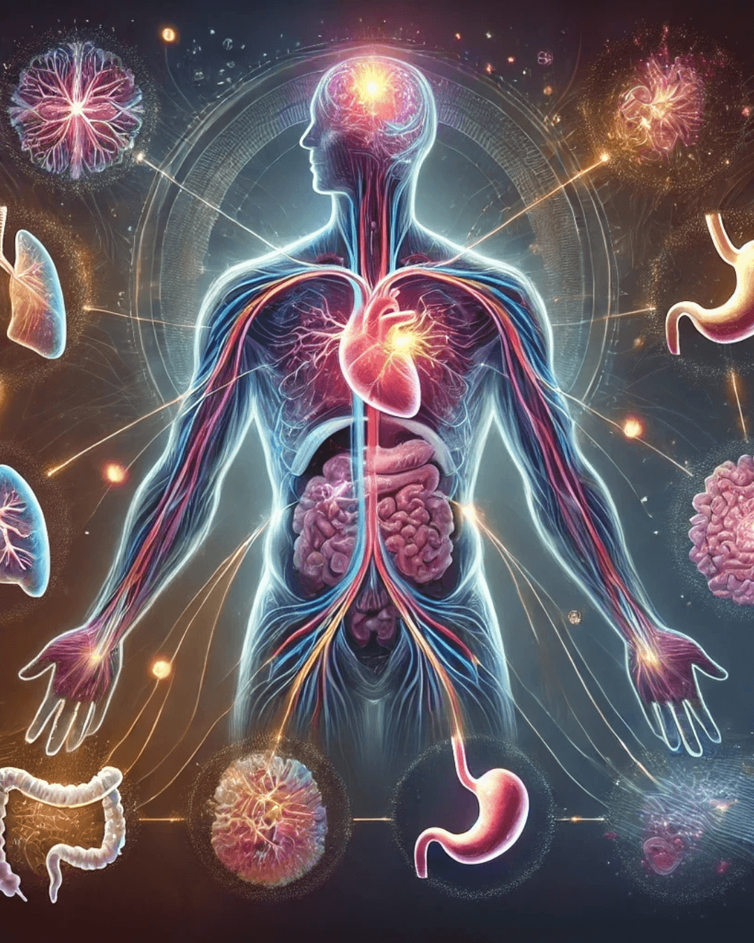 Corps humain lumineux avec organes internes mis en évidence, entouré de symboles d’organes.