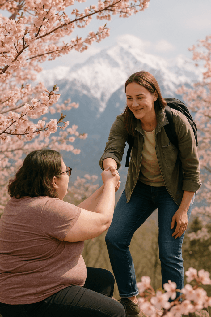 Femme tendant la main à une autre femme en surpoids, assise au milieu de cerisiers en fleurs, avec une montagne enneigée en arrière-plan.