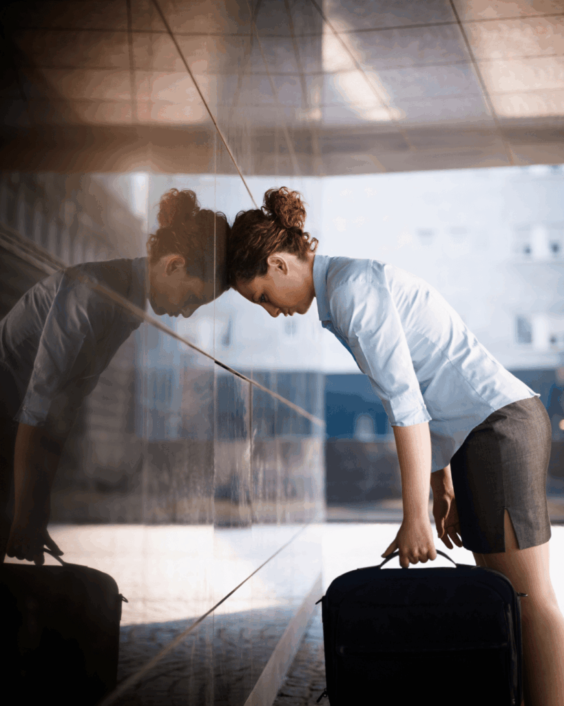 Femme en tenue professionnelle appuyée la tête contre un mur, visiblement épuisée.