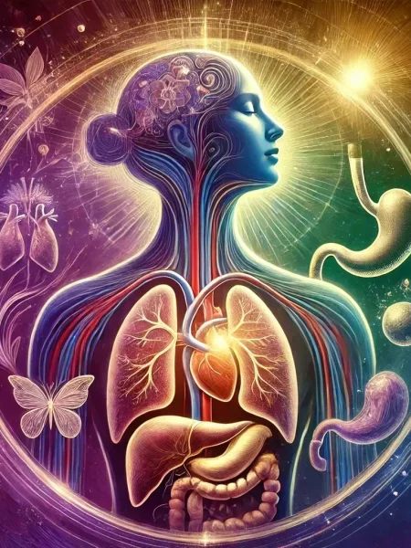 Représentation artistique du corps féminin avec les organes internes visibles et des éléments symboliques autour.