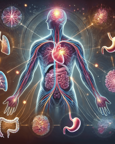 Corps humain lumineux avec organes internes mis en évidence, entouré de symboles d’organes.
